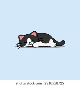 Lazy black and white cat sleeping cartoon, vector illustration