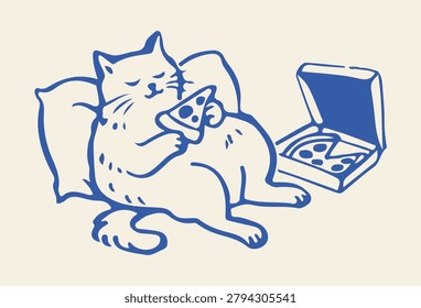 Lazy blue line art cat relaxing on cushions, enjoying a slice of pizza with a takeaway box nearby.