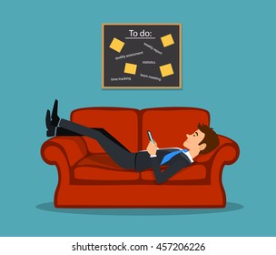 Lazy bored employee laying on couch, playing with telephone postponing his tasks from to do list. procrastination vector illustration
