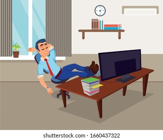 Lazy, Bored Male Employee Procrastinating at Workplace. Businessman Having Break Rest in Office. Man with Legs on Table Sleeping front of Computer. Cartoon Worker Character. Vector Flat Illustration
