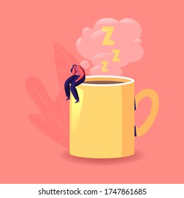 Lazy, Boring or Tired Businesswoman with Low Energy Sleep at Huge Coffee Cup. Female Character Sleeping on Working Place. Fatigue, Procrastination Overwork Burnout Concept. Cartoon Vector Illustration