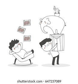 Lazy boy is lying on a chair, the days pass one after another on the calendar,  boy is a workaholic, he holds a box with an elephant and a cactus. Vector illustration isolated on a white background.