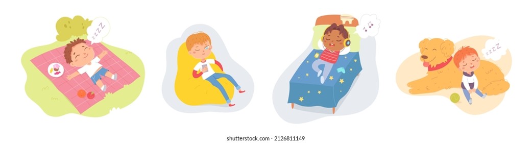 Lazy boys and girls sleep and relax set vector illustration. Cartoon tired kids falling asleep after playing, sleep break and nap time of funny sleepy children at home or outdoors isolated on white