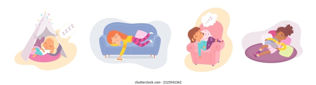 Lazy boys and girls sleep set vector illustration. Cartoon funny children laying asleep, bored sleepy little kids, leisure of female and male characters in sofa or armchair at home isolated on white