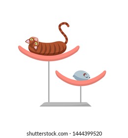 Lazy brown cat lying on pet bed, Funny cat lies on a fashionable bed with a toy mouse. Back View of striped shorthair kitten. Vector flat cartoon illustration