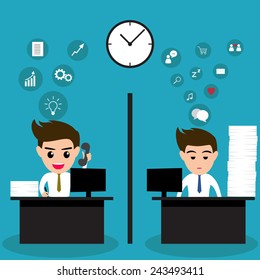 Lazy business man and active business man in same office.Vector illusttration. 