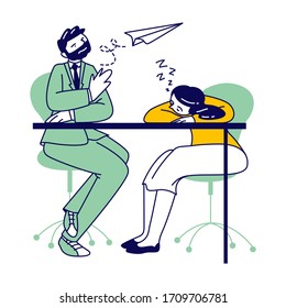 Lazy Business Man and Woman Sitting at Working Place in Office Sleeping and Fooling with Paper Airplane on Bored Meeting. Tired Business People Characters Emotional Burnout. Linear Vector Illustration