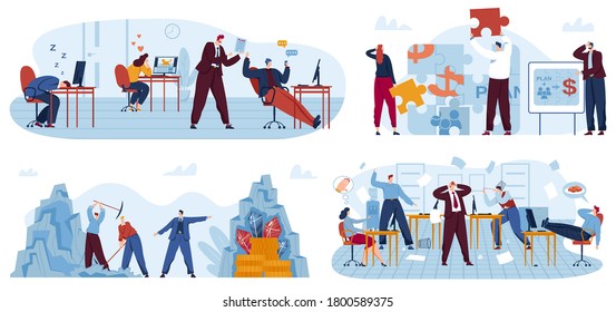 Lazy business office workers vector illustration set. Cartoon flat bad employees people relax and procrastinate at workplace instead of work, angry businessman leader boss conflicts isolated on white