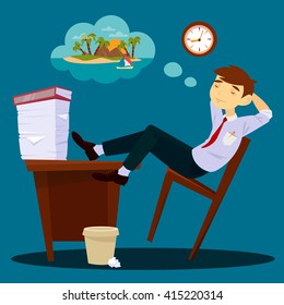 Lazy Businessman Dreaming about Vacation. Vector illustration