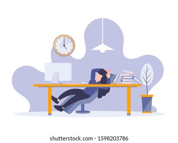 Lazy businessman resting sitting on chair at workplace. Vector illustration flat digital design style of person working late. Young man leaning and relaxing at office after hard work.
