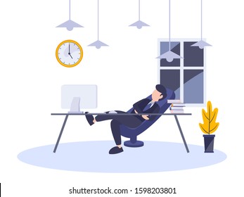 Lazy businessman resting sitting on chair at workplace. Vector illustration flat digital design style of person working late. Young man leaning and relaxing at office after hard work.