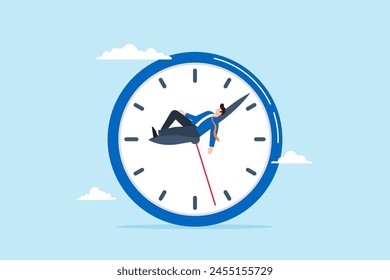 Lazy businessman sleeping atop running clock, illustrating wasted time, procrastination, or slow lifestyle. Concept of unwilling to work, low productivity or efficiency, no motivation, and tiredness