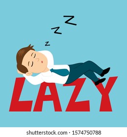 Lazy businessman sleeping on lazy word, illustration vector cartoon