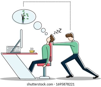 Lazy businessman vector concept with male figure waking up his rich man dreaming and sleeping business colleague, isolated in white background
