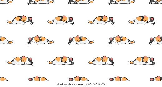 Lazy calico cat sleeping cartoon, Cute fat cat three color seamless pattern, vector illustration