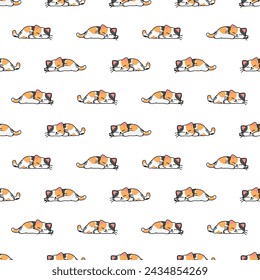 Lazy calico cat sleeping cartoon seamless pattern, vector illustration