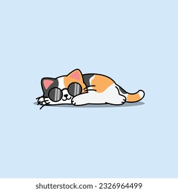 Gato de calico perezoso con gafas de sol dibujos animados para dormir, gato gordo lindo de tres colores, ilustración vectorial