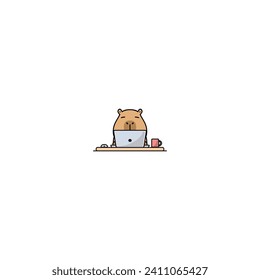 Lazy capybara working on a laptop cartoon, vector illustration