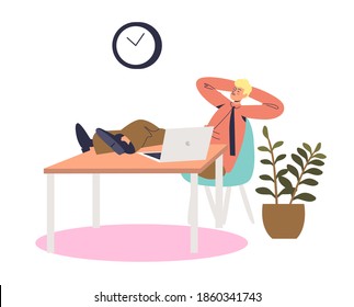 Lazy cartoon businessman napping at workplace sitting relaxed at office desk. Procrastinating male office worker or manager concept. Flat vector illustration