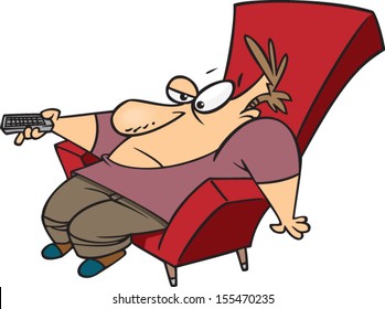 Lazy cartoon man sitting in a chair with a remote control