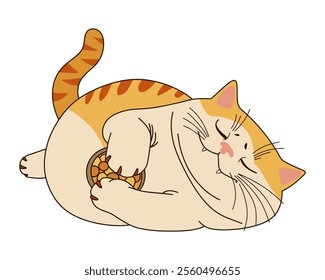 Lazy cat. Chubby Cartoon Cat Relaxing with Food for a Cute and Lazy Home Theme Illustration. Vector illustration