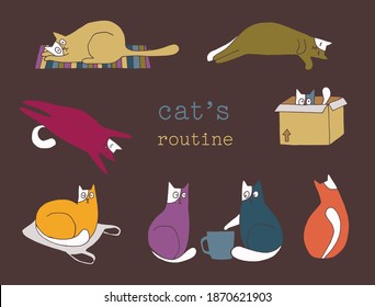 lazy cat daily life hand drawn illustration vector