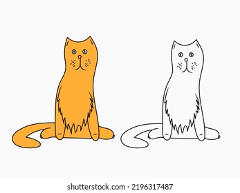 Lazy cat hand drawn in two versions - colorless and colored. Doodle drawing.