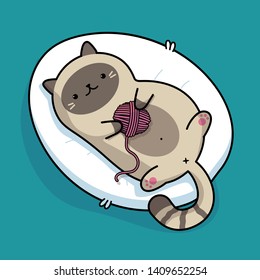 Lazy cat lying on bed, cute kawaii fat kitten lying on back and playing with ball of yarn cartoon icon, vector flat illustration. Used for greeting card, banner, logo, sticker, print