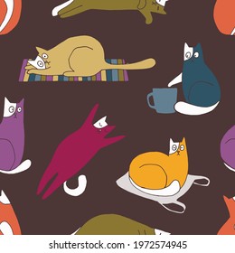 lazy cat routine colourful seamless pattern
