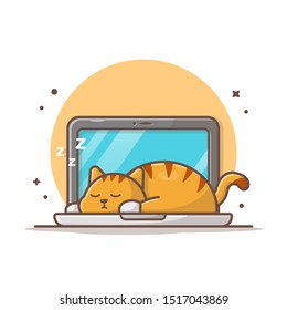 Lazy Cat Sleeping On Laptop Vector Icon Illustration. Cat And Laptop, Animal Icon Concept White Isolated. Flat Cartoon Style Suitable for Web Landing Page, Banner, Sticker, Background