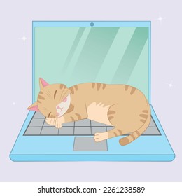 A Lazy Cat Sleeping on the laptop. Cat and Laptop. Cartoon for web landing page, banner, sticker, gift card, background. cute illustration