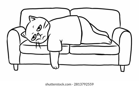 Lazy cat sleeping on sofa doodle illustration, Cute tired kitten lying on couch cartoon character