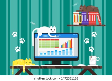 Lazy Cat Vector. Sleeping cat and adorable funny cat illustration. Workplace concept. Can be used in web and mobile