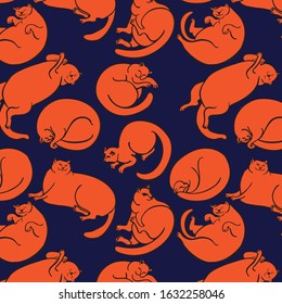 lazy cats on a  navy blue background pattern