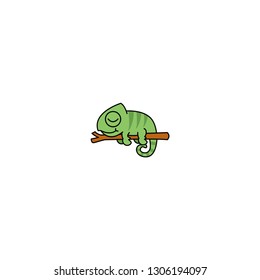 Lazy chameleon sleeping on a branch cartoon, vector illustration