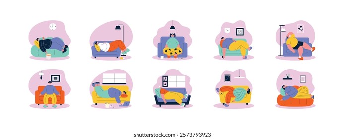 Lazy character concept on a comfortable sofa, doing nothing and lying down as he pleases, vector illustration.