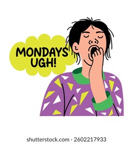 A lazy character having monday vibe, flat typographic sticker 