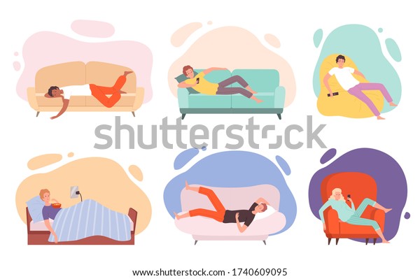 Lazy
characters. Laying people on couch or sofa watching tv sleeping
eating in bed relaxing persons vector
illustrations