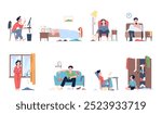 Lazy characters. People sit in bed, sleep in chair, sitting in messy. Tired men and women have depression and apathy. Sedentary lifestyle, recent vector scenes