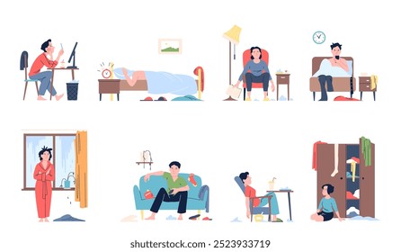 Lazy characters. People sit in bed, sleep in chair, sitting in messy. Tired men and women have depression and apathy. Sedentary lifestyle, recent vector scenes