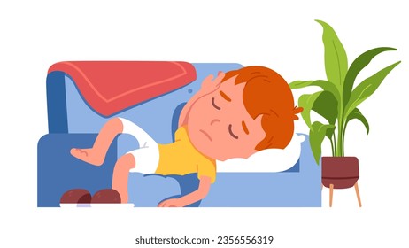 Niña perezosa durmiendo en el sofá. Un niño mimado, flojo o cansado, descansando en el sofá de su casa. Procrastinación de la tarde, aburrimiento, depresión, pereza, relajación ilustración vectorial plana