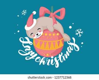 Lazy Christmas card with seal. Vector lettering.  Funny Merry Christmas illustrations with Santa Claus costumes, hat and scarfs, greeting cards set, banner