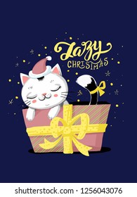 Lazy christmas lettering with cute white cat slep in christmas gift box  . Vector illustration, celebration card, EPS 10.