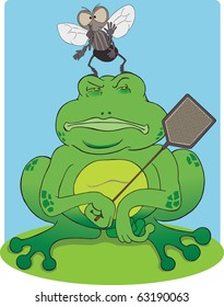 Lazy, clueless frog with flyswatter waiting for fly but does not realize one is sitting on his head.