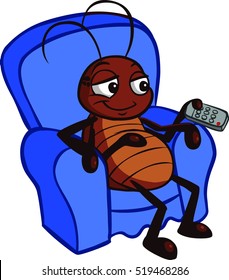 Lazy Cockroach sitting on a chair watching television with a remote control