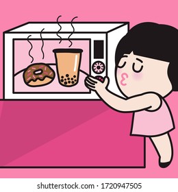 Lazy Cooking Girl Hugging Mixrowave. Woman Loves To Warm Up All Her Food In A Microwave Oven. Concept Card Character illustration