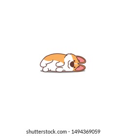 Lazy corgi puppy lying down on side cartoon icon, vector illustration