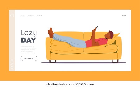 Lazy Day Landing Page Template. Young Man Using Phone Lying on Couch at Home, Relaxing With Smartphone, Person Wasting Time, Adult Character Chatting With Friends. Cartoon People Vector Illustration