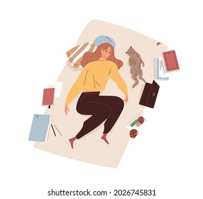 Lazy depressed woman in despair lying on bed. Unhappy exhausted apathetic person. Burnout, laziness, apathy and boredom concept. Flat vector illustration of fatigue human isolated on white background
