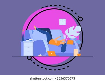 Lazy depressed woman resting in couch with smartphone after making mess at home. Vector illustration for depression, addiction, apathy, fatigue concept